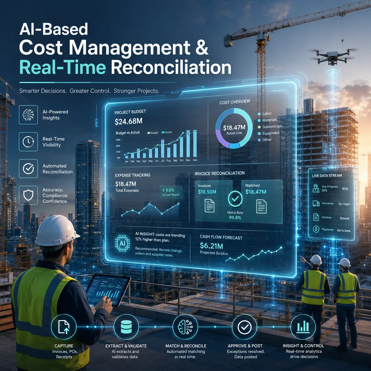 Render of a high-rise construction site with a floating AI cost-management dashboard above a city skyline