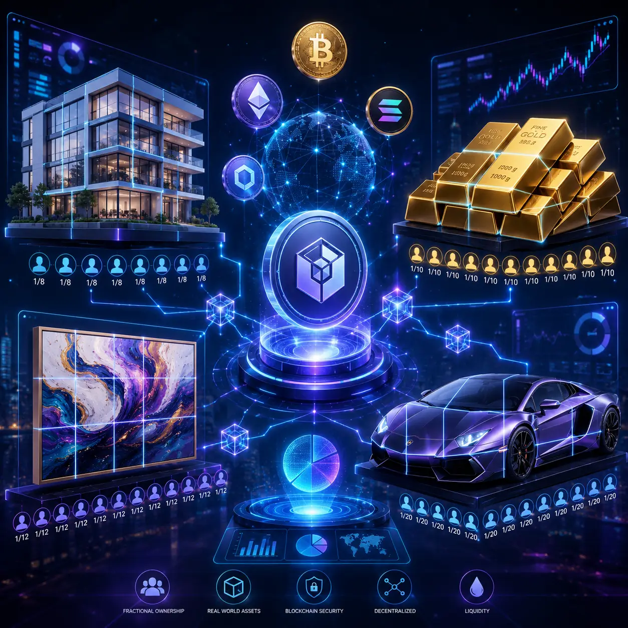 Render showing real-world assets such as a building, gold, art, and a vehicle divided into fractional shares across a blockchain network