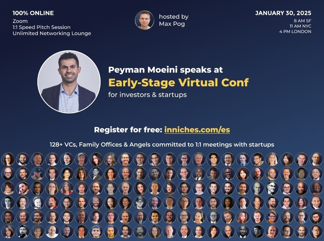 Early-Stage Virtual Conference announcement featuring Peyman Moeini