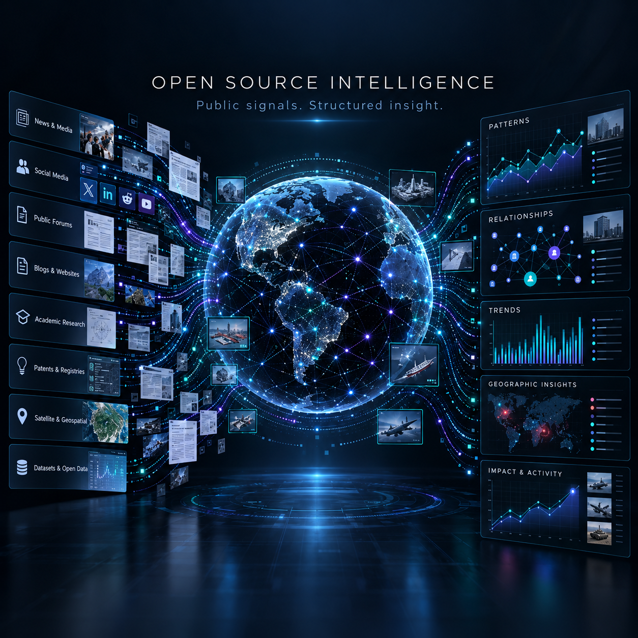Gold hexagon outline on a black background with a horizontal line crossing its centre, representing open source intelligence