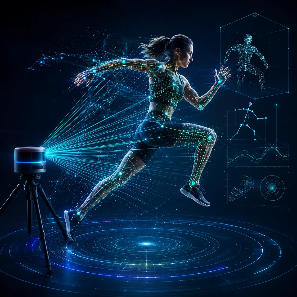 Render of a runner captured by a LiDAR scanner, overlaid with a wireframe motion grid and biometric readouts