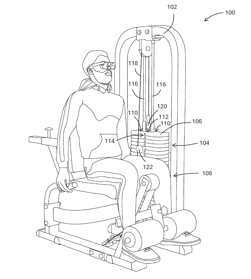 Patent drawing: a person seated in a leg extension exercise machine showing the frame, weight stack, guide rods, cables and labelled parts 100 through 122