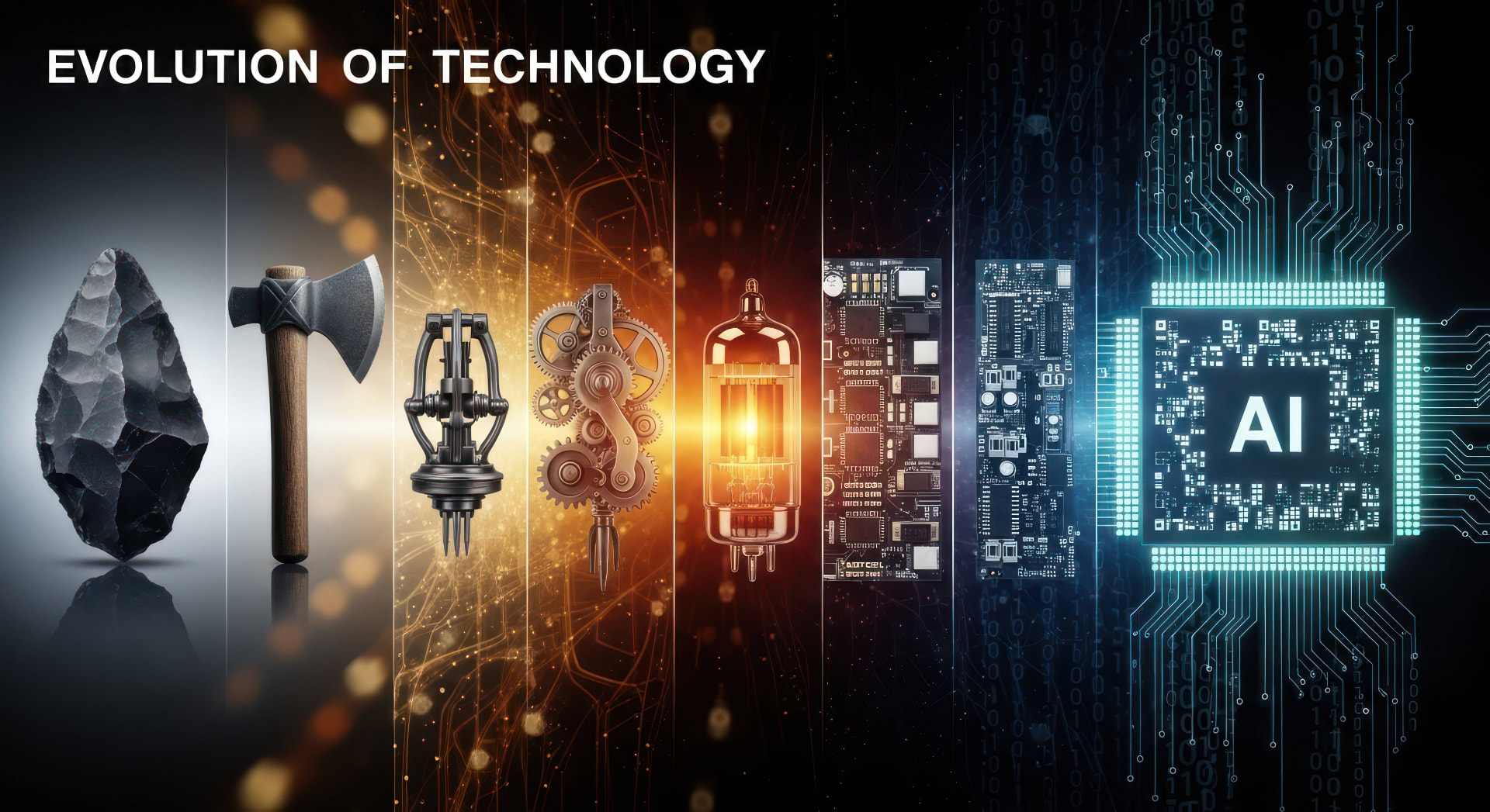 A visual timeline of technology, from stone tools through clockwork, vacuum tubes and circuit boards to a glowing AI chip