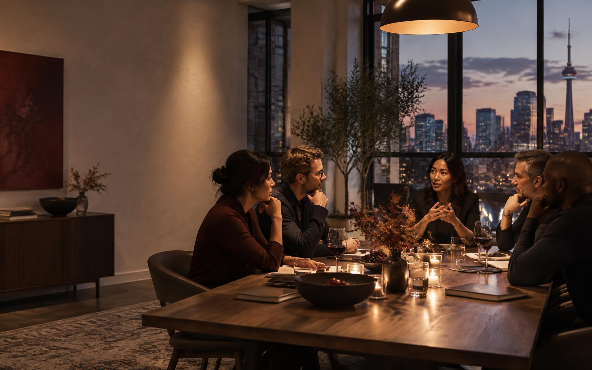 A small group in thoughtful conversation around a dinner table in Toronto