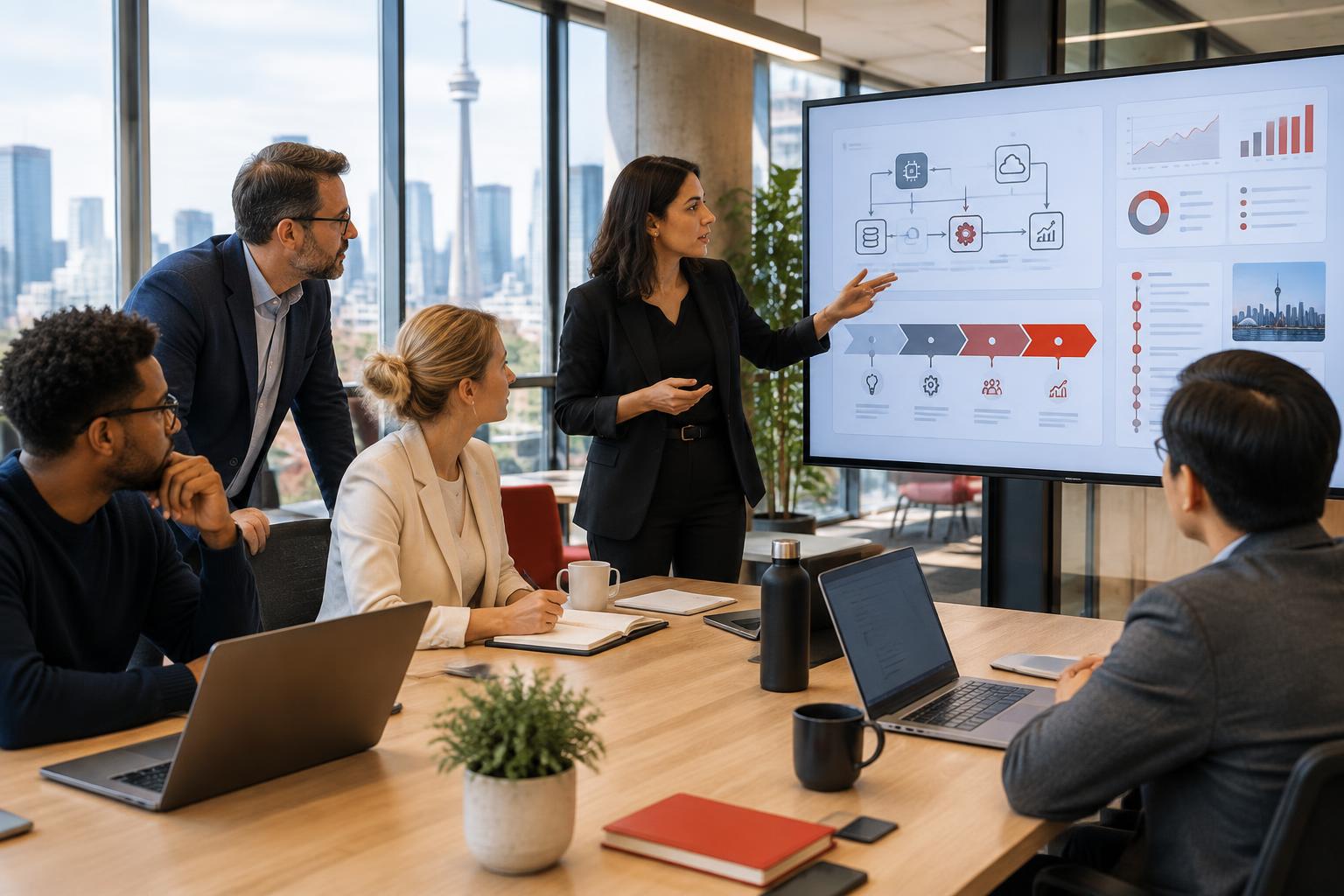 Business leaders reviewing an AI-enabled digital transformation roadmap