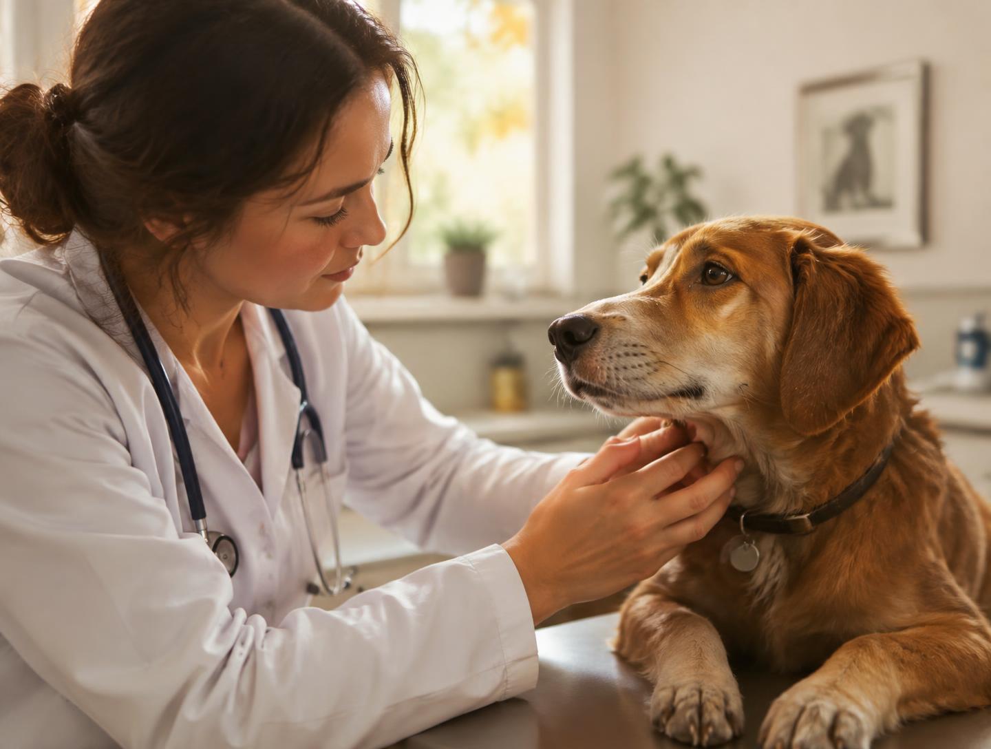 A veterinarian gently examining a calm rescued dog