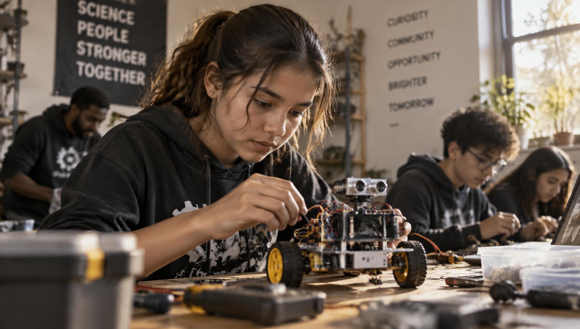 A young person concentrating while building a small robot at a science workshop