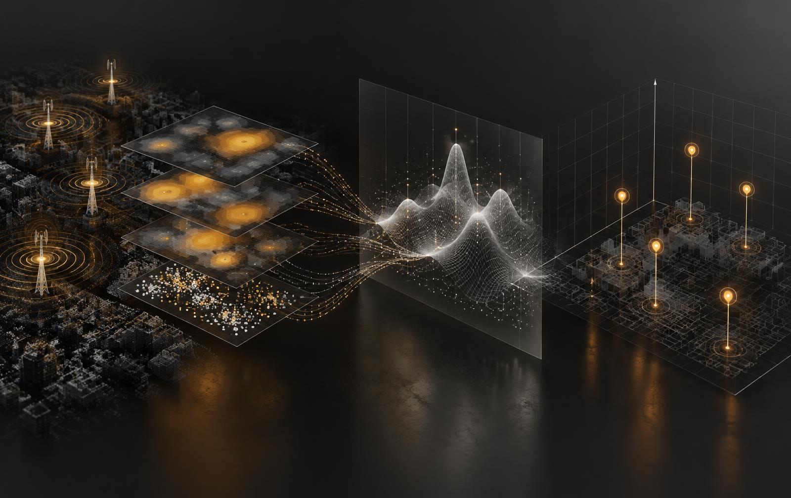 Wireless observations passing through a mathematical model and resolving into spatial coordinates