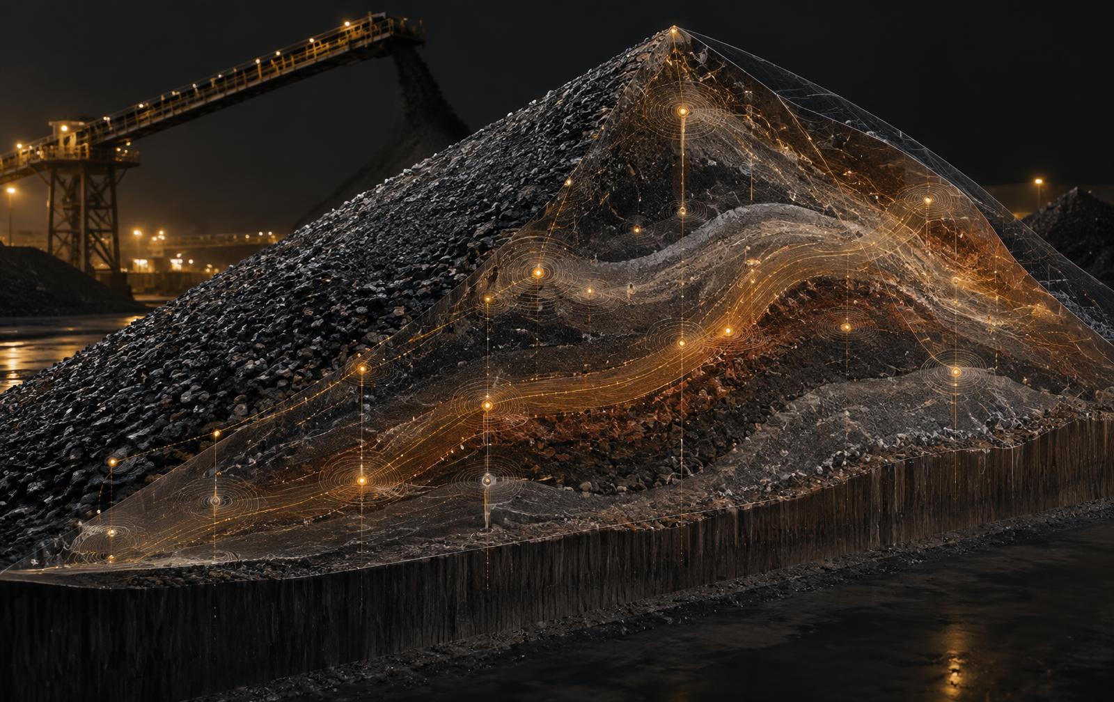 Cross-section of an industrial stockpile with embedded wireless tags and reconstructed movement layers